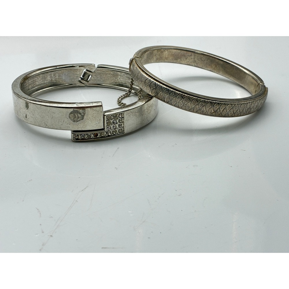 Vintage Silver Tone Bangle Bracelet Lot of 2 Rhinestone Geometric Textured